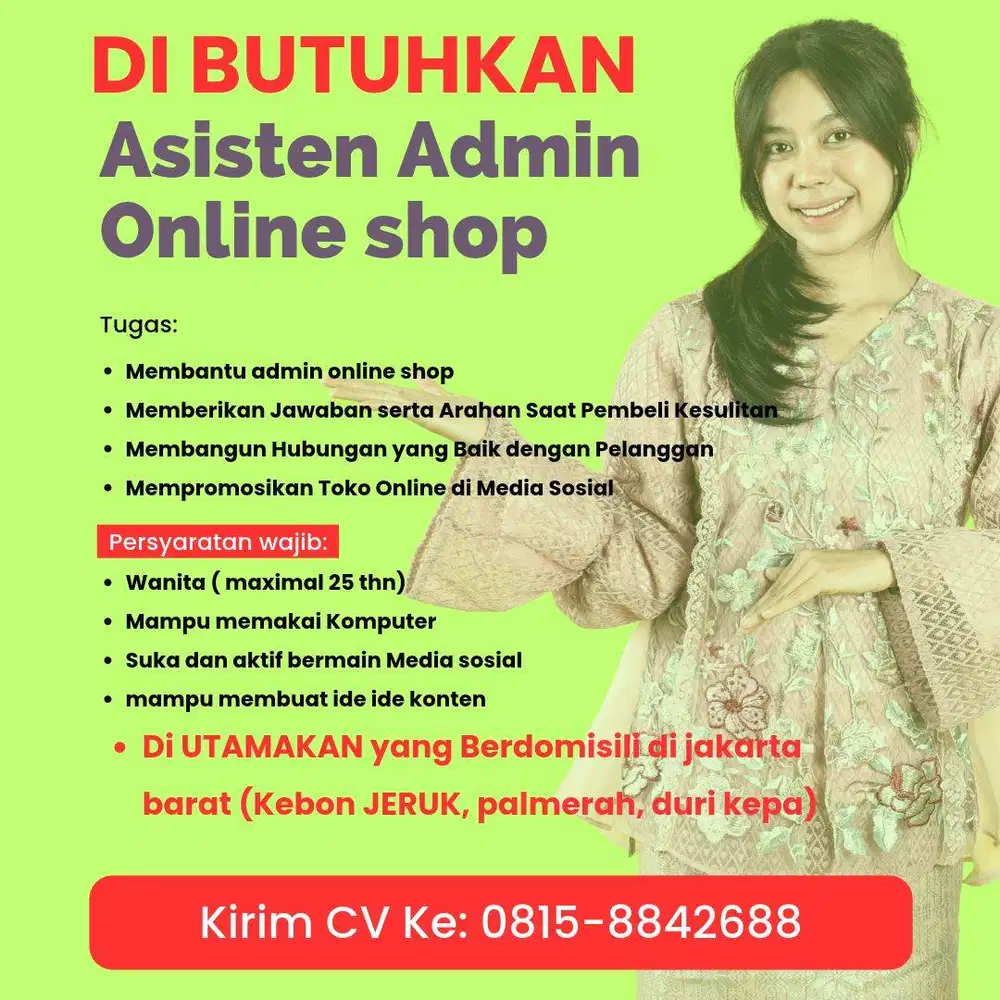 Dicari Asisten Admin Online, daerah kebon jeruk dekat MNC Tower