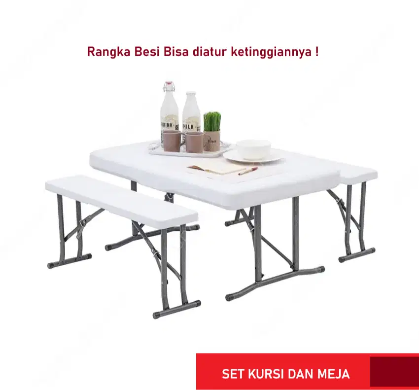 Set Meja dan Kursi lipat rangka besi KRISBOW tinggi bisa diatur