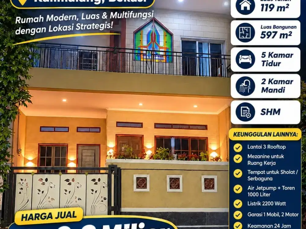 Dijual Rumah 3 Lantai di Kalimalang Bekasi LT 119 m² LB 597 m² Rooftop SHM