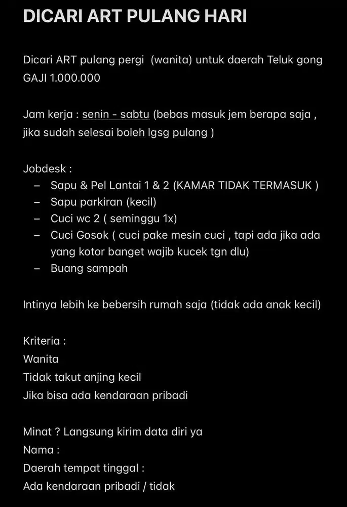 Di cari ART PULANG HARI KHUSUS WANITA DAERAH TELUK GONG