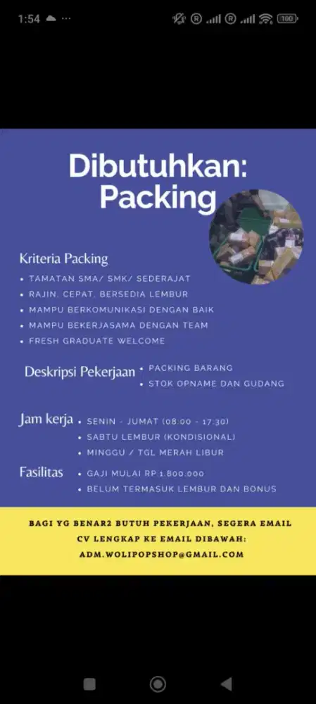 Dibutuhkan Packing / Gudang