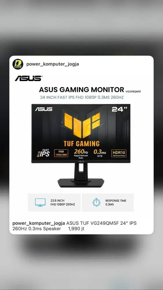 Monitor ASUS TUF VG249QM5F 24 IPS 260Hz 0.3ms Speaker 1,990 jt