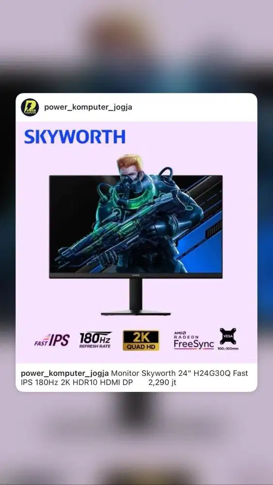 Monitor Skyworth 24 H24G30Q Fast IPS 180Hz 2K HDR10 HDMI DP 2,290 jt