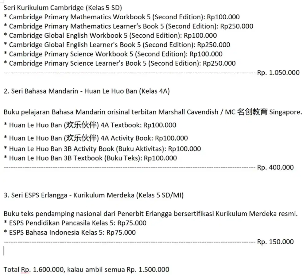 JUAL RUGI ! PAKET BUKU PELAJARAN 5 SD,  100% BARU (GRES/BELUM DIPAKAI)
