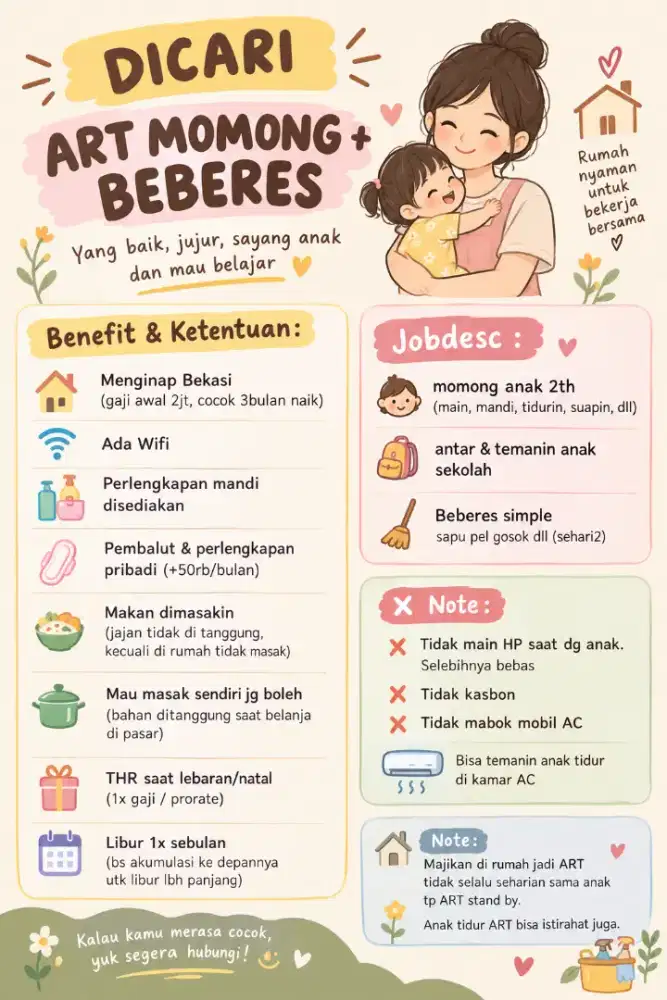 Dicari ART momong Beberes menginap bekasi - lowongan kerja