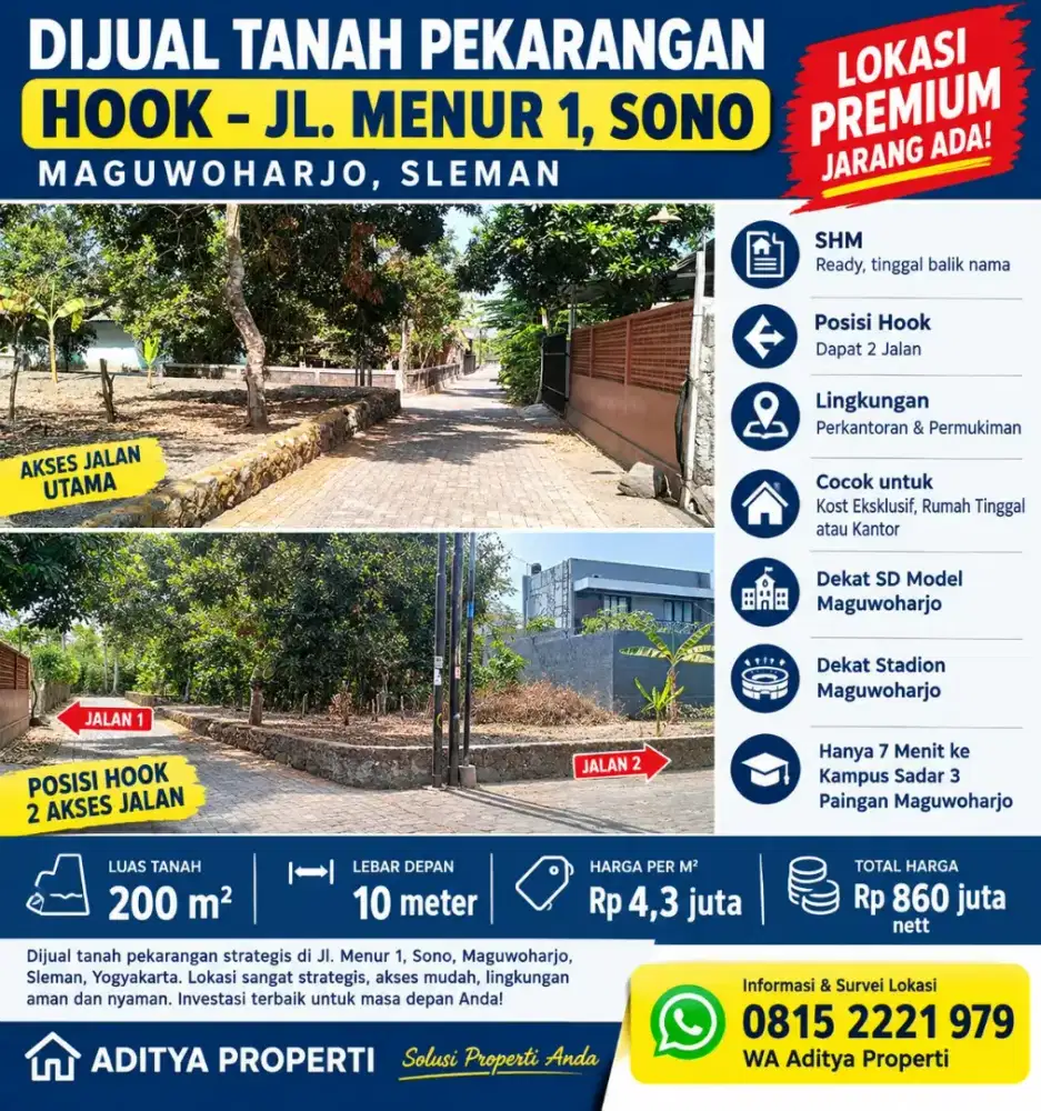 Tanah premium Utara stadion Maguwoharjo cocok untuk kost ekslusif