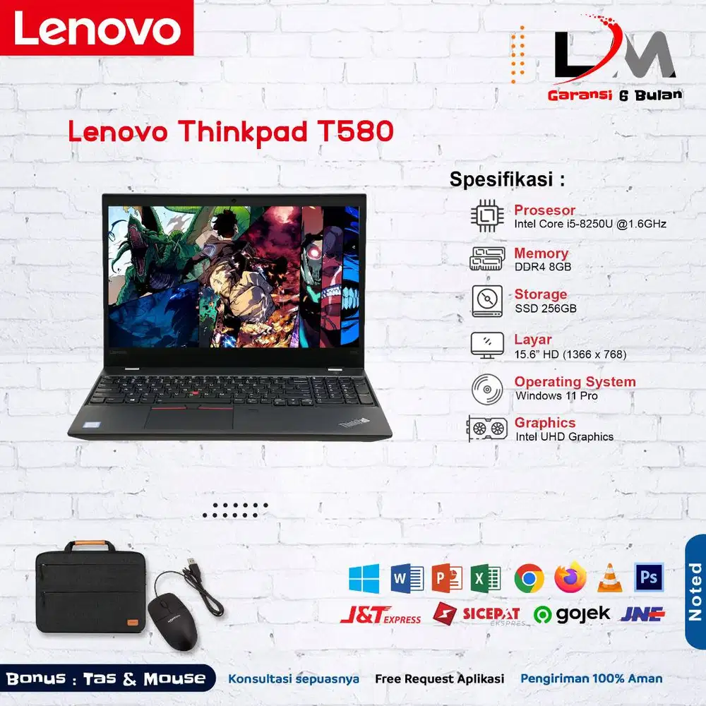 Lenovo Thinkpad T580 Intel i5 Gen 8 Ram 8GB Ssd 256GB Win 11 Mulus