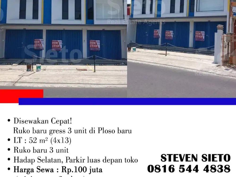 Disewakan Cepat! Ruko baru gress 3 unit di Ploso baru