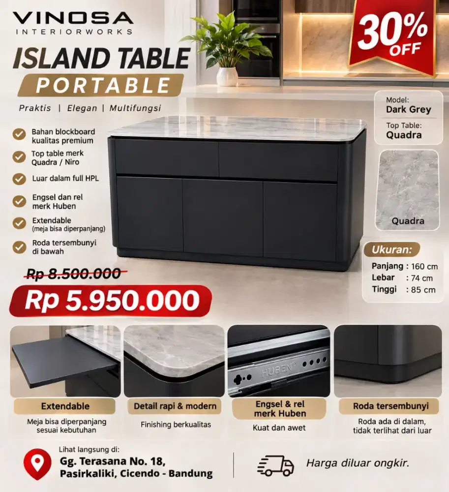 Island Table Portable Dark Grey 160cm