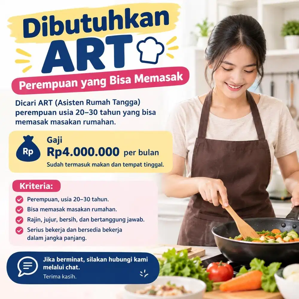 Mohon kirimkan  cv Dibutuhkan ART yang Bisa Memasak