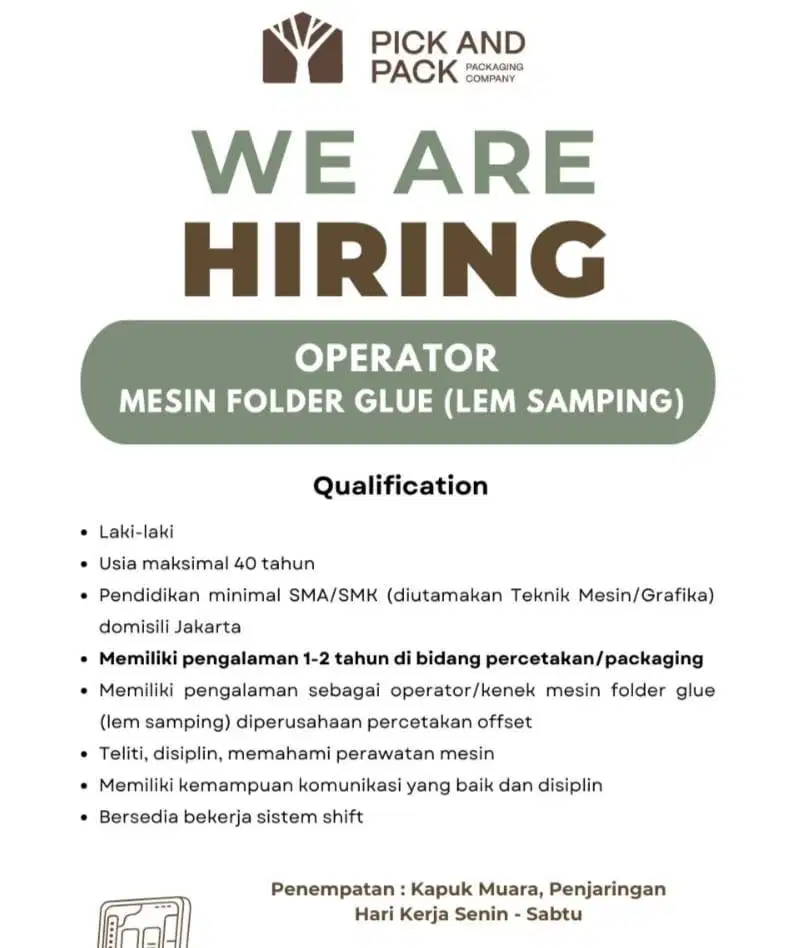 LOWONGAN KERJA OPERATOR LEM SAMPING