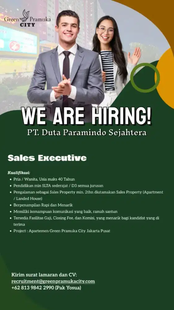 Dibutuhkan Sales Inhouse apt Green Pramuka City
