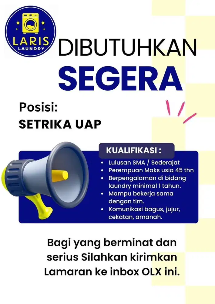 LOWONGAN KERJA LAUNDRY posisi SETRIKA UAP