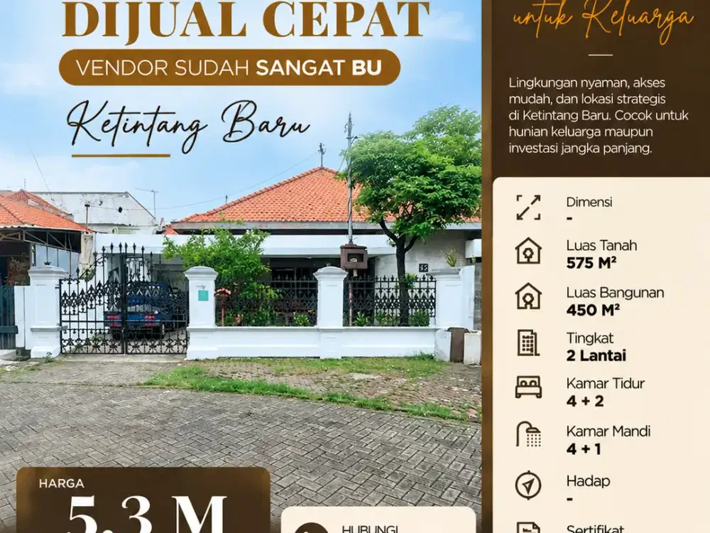 RUMAH DIJUAL CEPAT  Vendor sudah sangat BU  Ketintang Baru