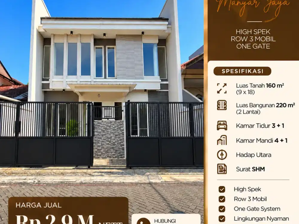 RUMAH BARU GRESS MANYAR JAYA HIGH SPEK  ROW 3 MOBIL  ONE GATE