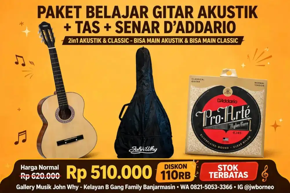 Paket belajar gitar + tas gitar + senar akustik dan classic