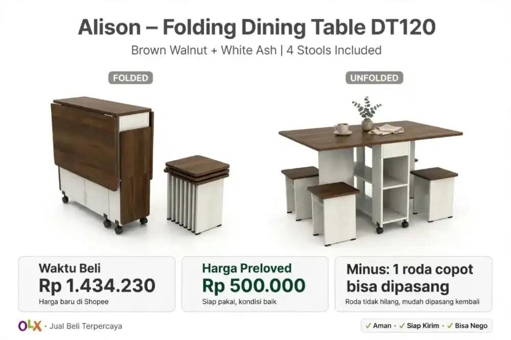 Meja Makan Lipat Alison + 4 Kursi Prodesign - Preloved Hemat Tempat