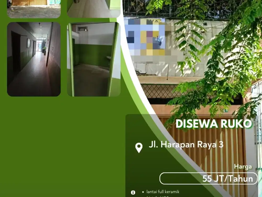 Disewakan Ruko Harapan Raya 3 Lantai Full Keramik Pekanbaru Kota!