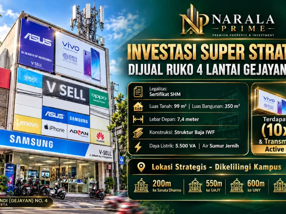 Dijual Ruko Strategis 4 Lantai Dekat UGM, SHM Siap Balik Nama