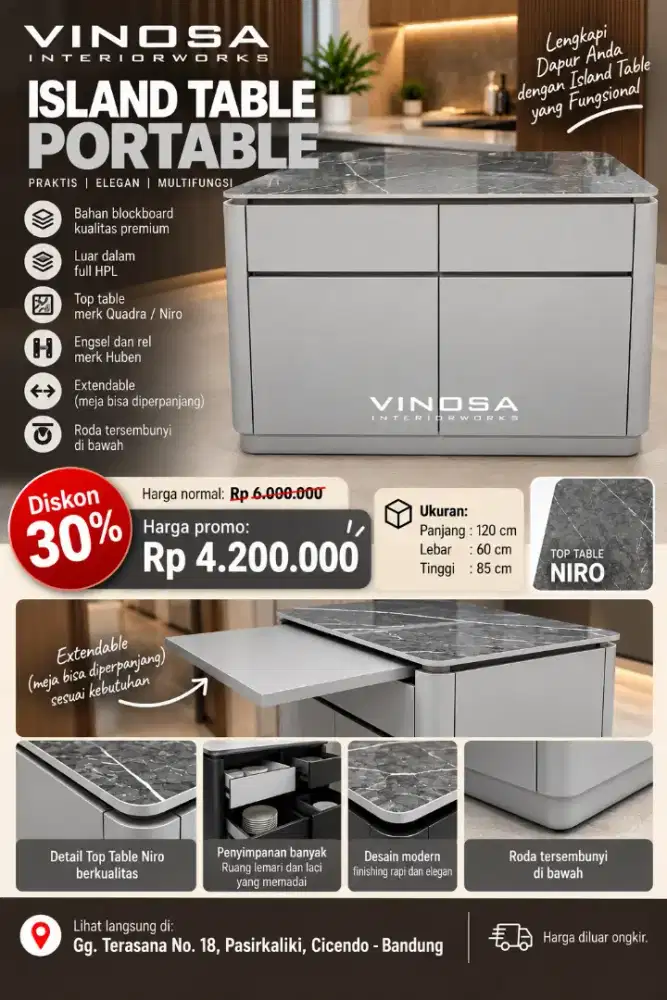Island Table Portable Light Grey 120cm