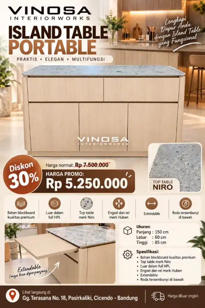 Island Table Portable Light Wood 150cm