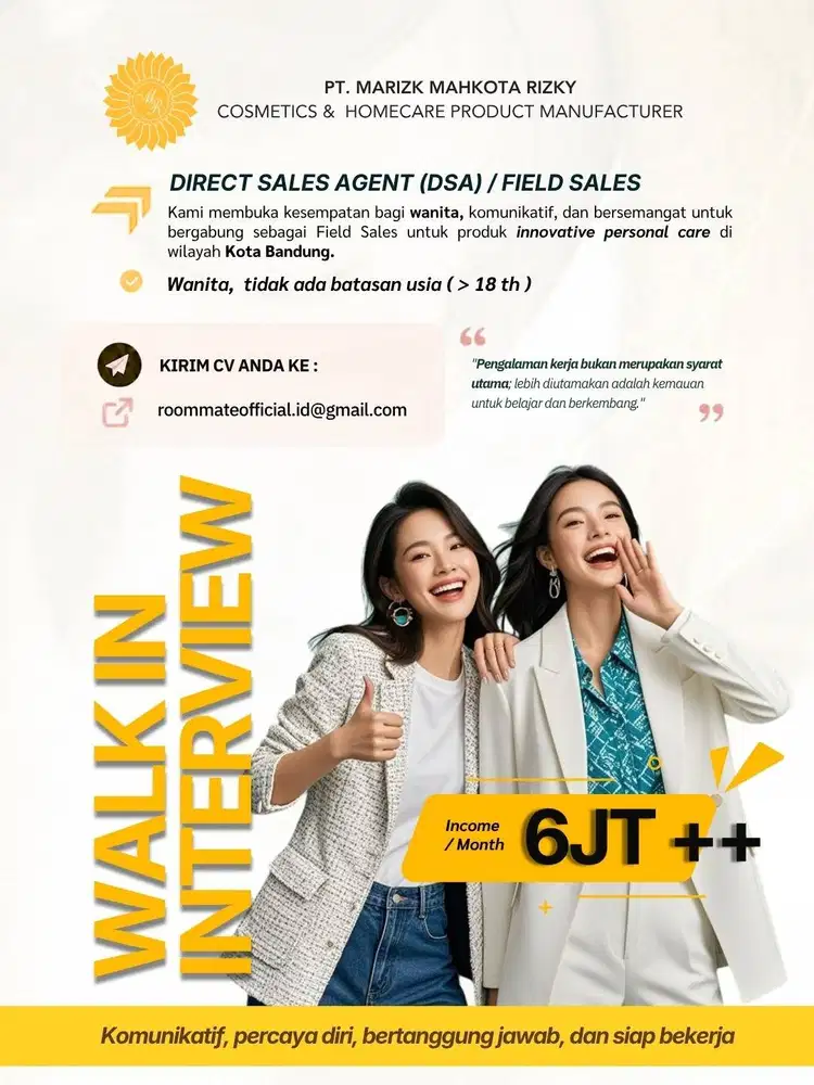 LOKER MOBILE / FIELD SALES WANITA BRAND ROOMMATE FRESH ALL DAY