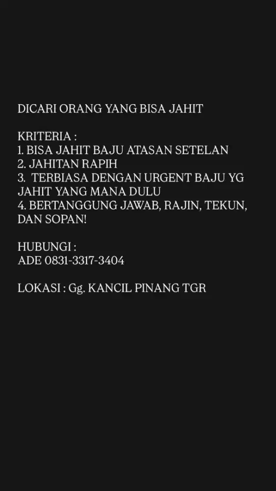 DICARI YANG BISA JAHIT BAJU