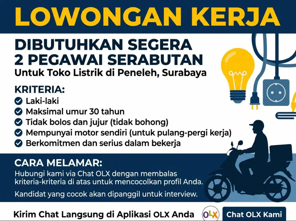 Dibutuhkan 2 (dua) pegawai serabutan untuk toko Listrik di daerah Pene