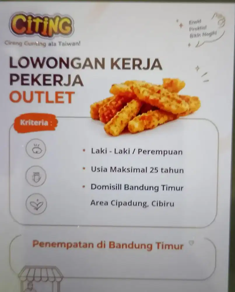 Dibutuhkan Crew Outlet Makanan – CiTiNG Cipadung