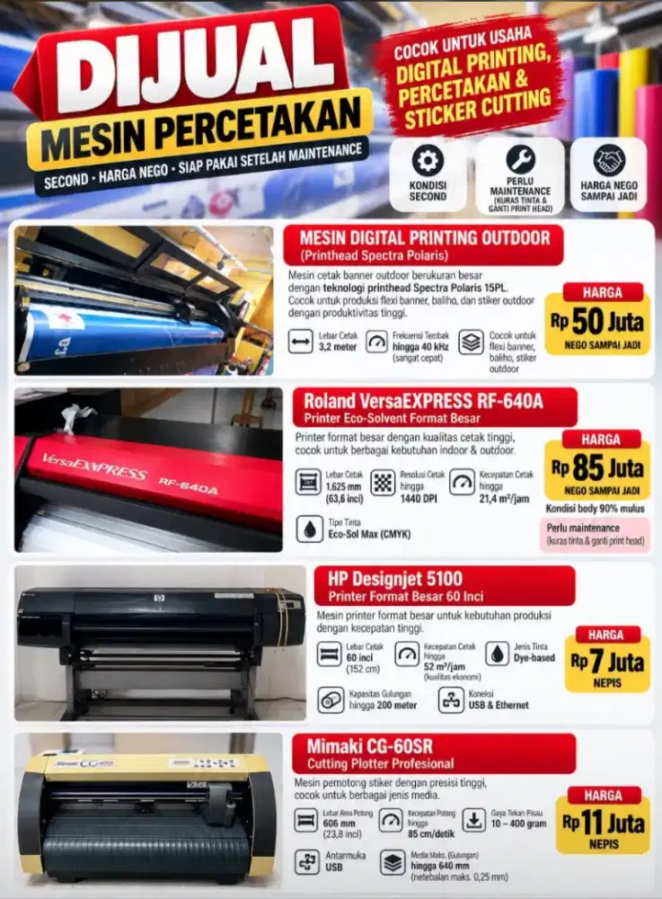 Dijual Kelengkapan Usaha Digital Printing dan Percetakan BU Nego