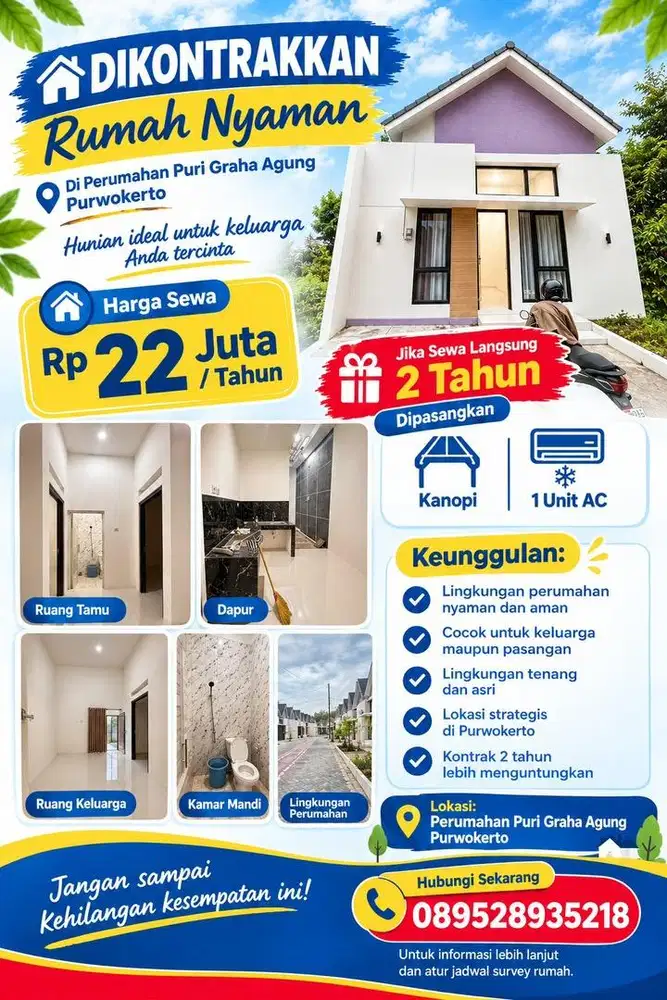 DIKONTRAKAN RUMAH BARU NYAMAN DI PURWOKERTO LOKASI STRATEGIS