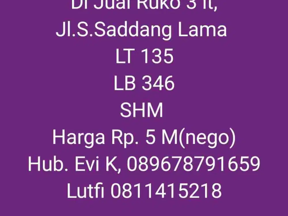 Dijual Ruko 3 lantai Jl. S. Saddang Lama Makassar