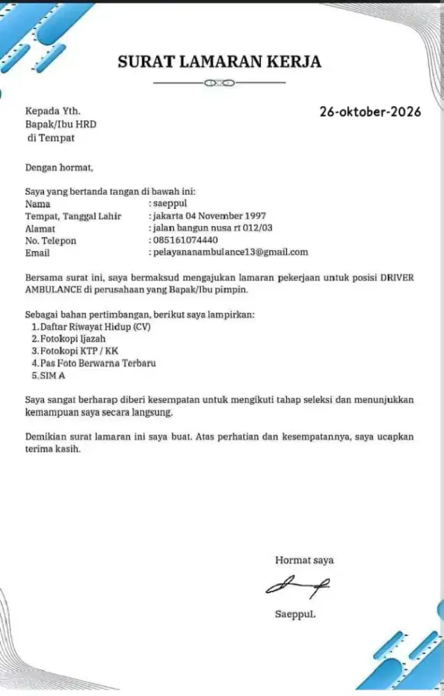 Mencari perkerjaan sebagai driver pribadi ataupun driver ambulans