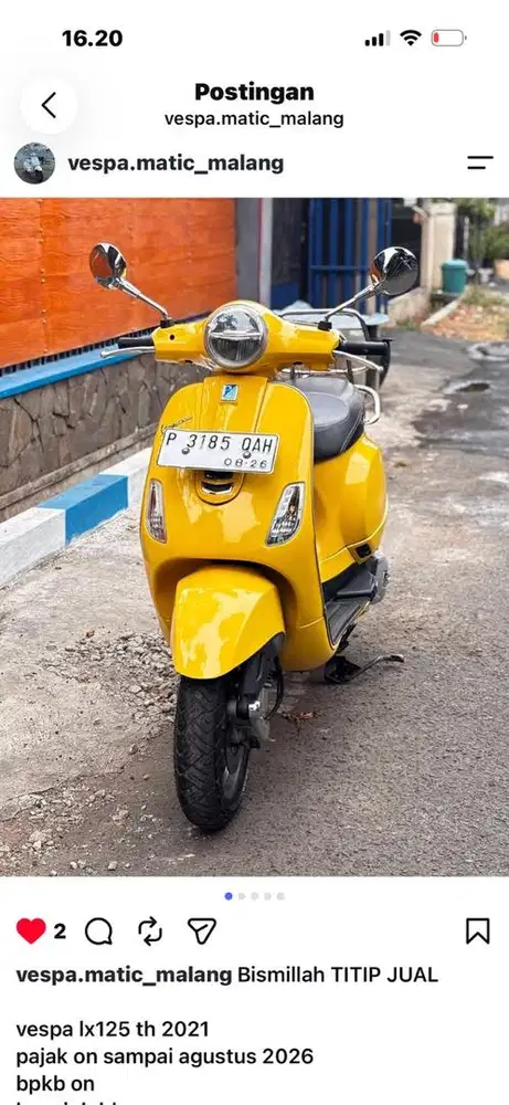jual santay vespa lx125 Plat P lokasi malang