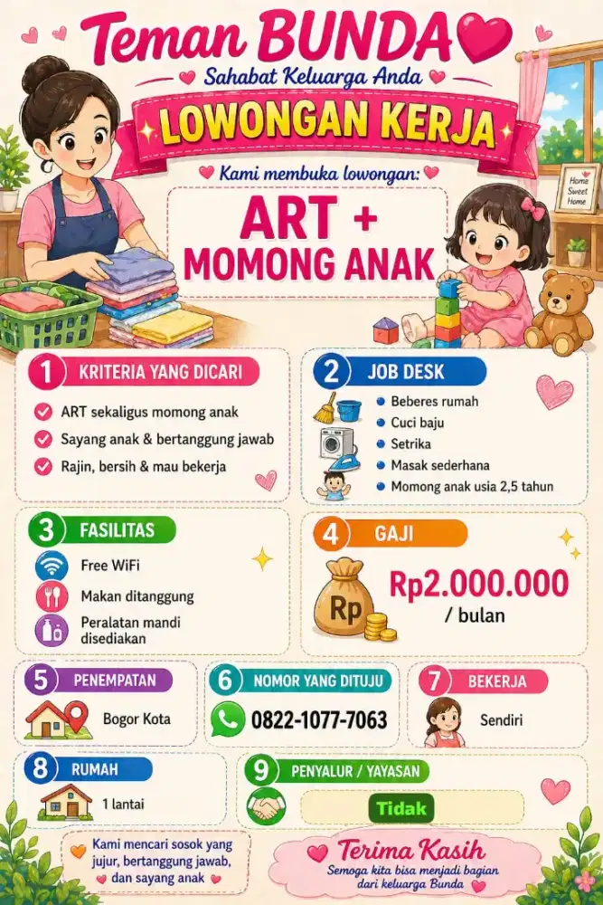 Dibutuhkan Secepatnya ART + Momong Anak (MENGINAP)