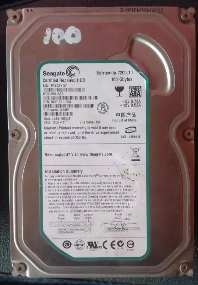 Hardisk PC 160gb dan 80gb. Sentinel 100/100. Segel aman.