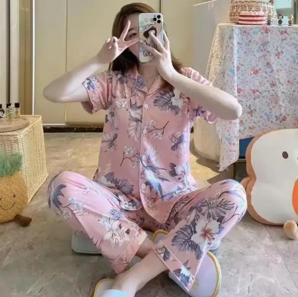 Baju Set cp emak warna pink motif bunga