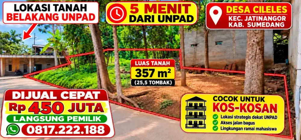 Tanah Dijual 357 m² Belakang UNPAD, Jatinangor – Pinggir Jalan!