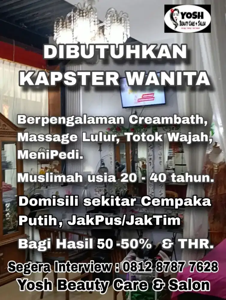 Dibutuhkan Kapster Wanita untuk Salon Wanita