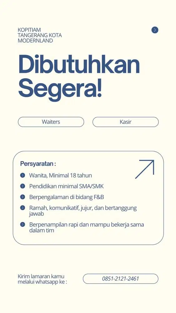 DIBUTUHKAN KARYAWAN KOPITIAM NON HALAL, POSISI WAITERS DAN KASIR