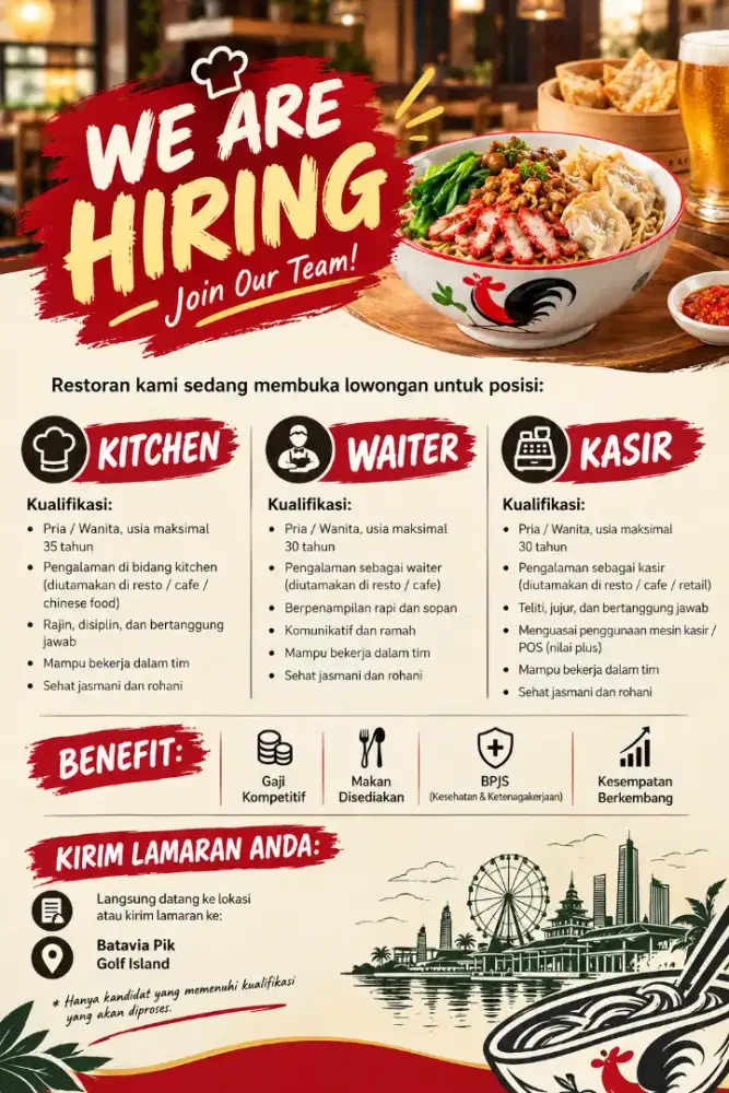 Di butuhkan segera Koki,Waiters,dan Cashier untuk Resto  Bakmie di PIK