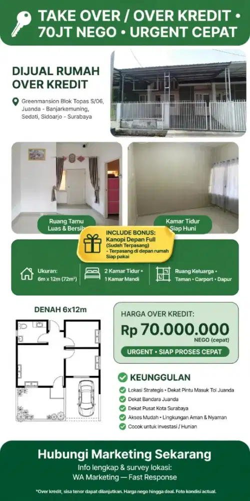 *TAKE OVER RUMAH GREENMANSION JUANDA (70JT NEGO + BONUS KANOPI)