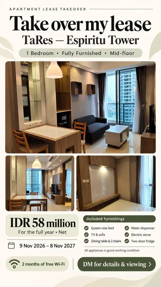 Disewakan Apartemen Taman Anggrek Residence 1 Bedroom