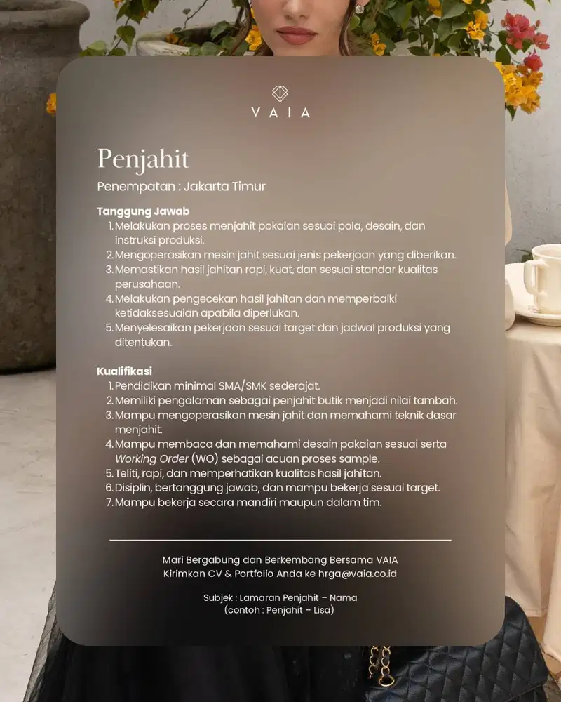 Lowongan Penjahit Garment/Fashion (Sample Room)