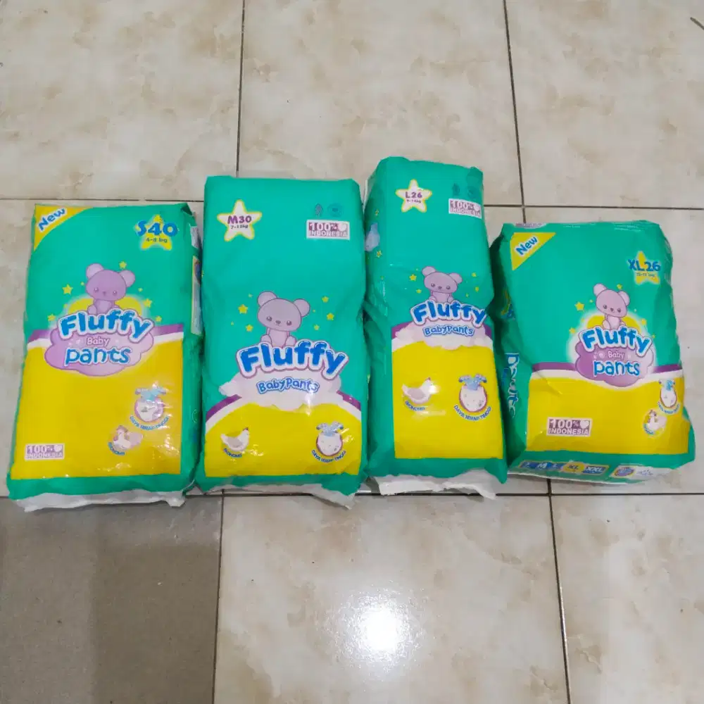 Popok Fluffy Ready Ukuran S40, M30, L26, XL26 Promo Pempers Celana