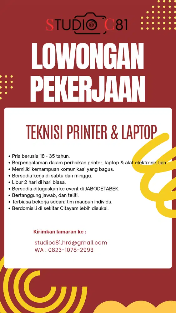 DIBUTUHKAN SEGERA TEKNISI PRINTER & LAPTOP
