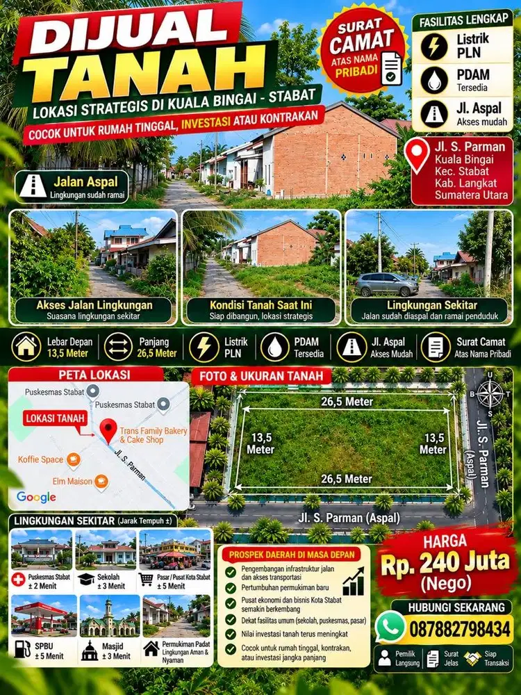 Dijual Tanah (13,5 x 26,5 Meter) Stabat