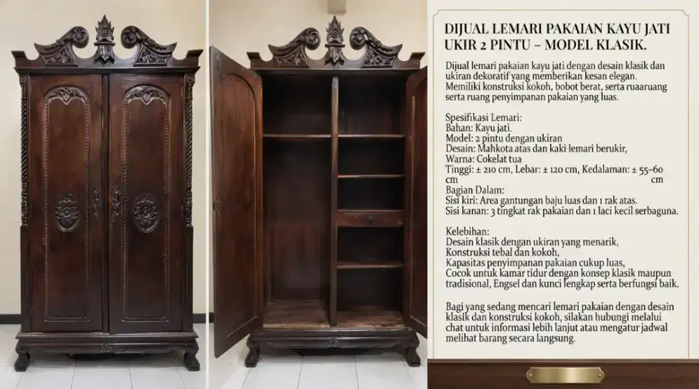 Lemari Pakaian Kayu Jati Ukir 2 Pintu Model Klasik Kokoh