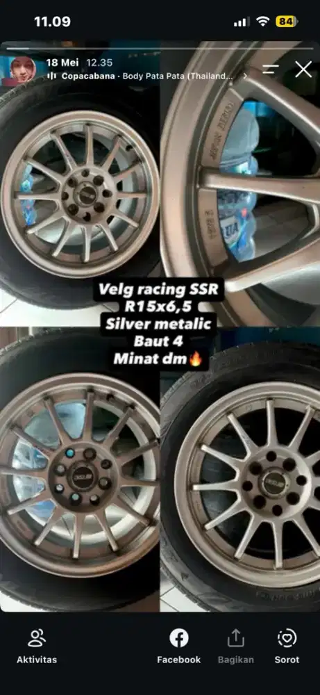 Dijual Velg racing ssr R15x6,5 silver metalik baut 4
