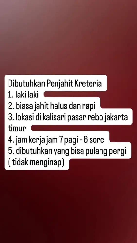 Dicari Penjahit Pulang Pergi kerja di lokasi